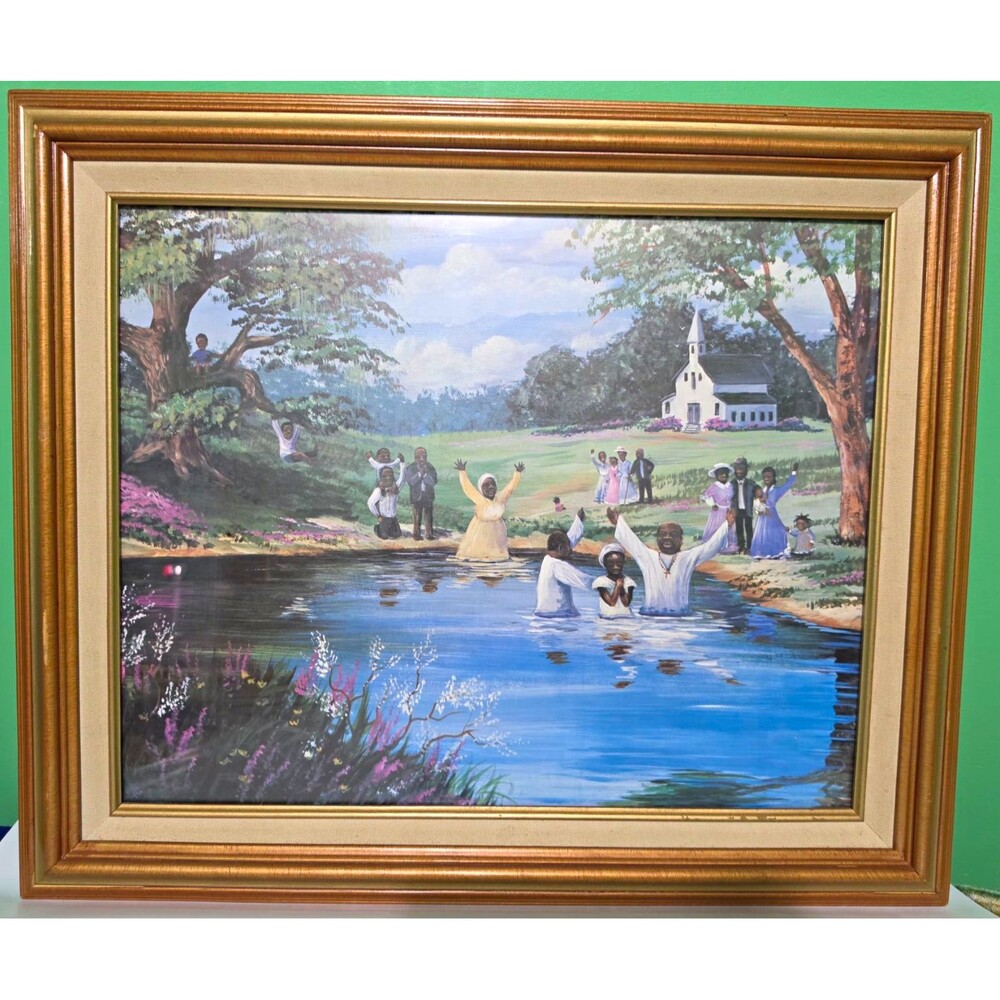 River Church Scene with People  Print